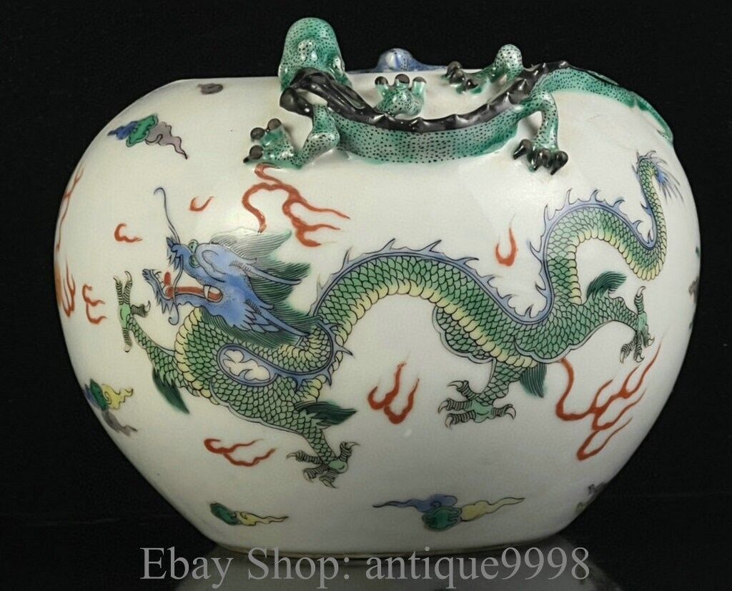 6" Old China Wucai Porcelain Dynasty Dragon Pixiu Beast Pen Wash Tray Dish Plate