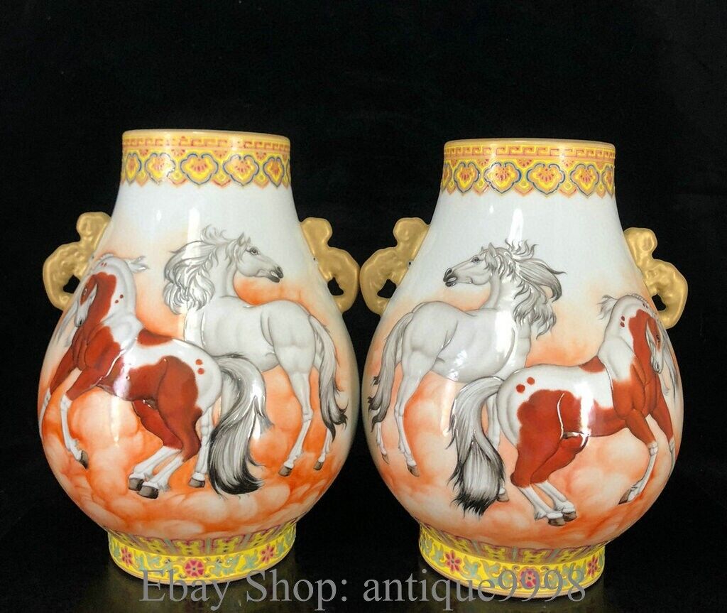 12.2"old Qianlong Year Famille Rose Porcelain Horse Pattern Zun Bottle Vase Pair